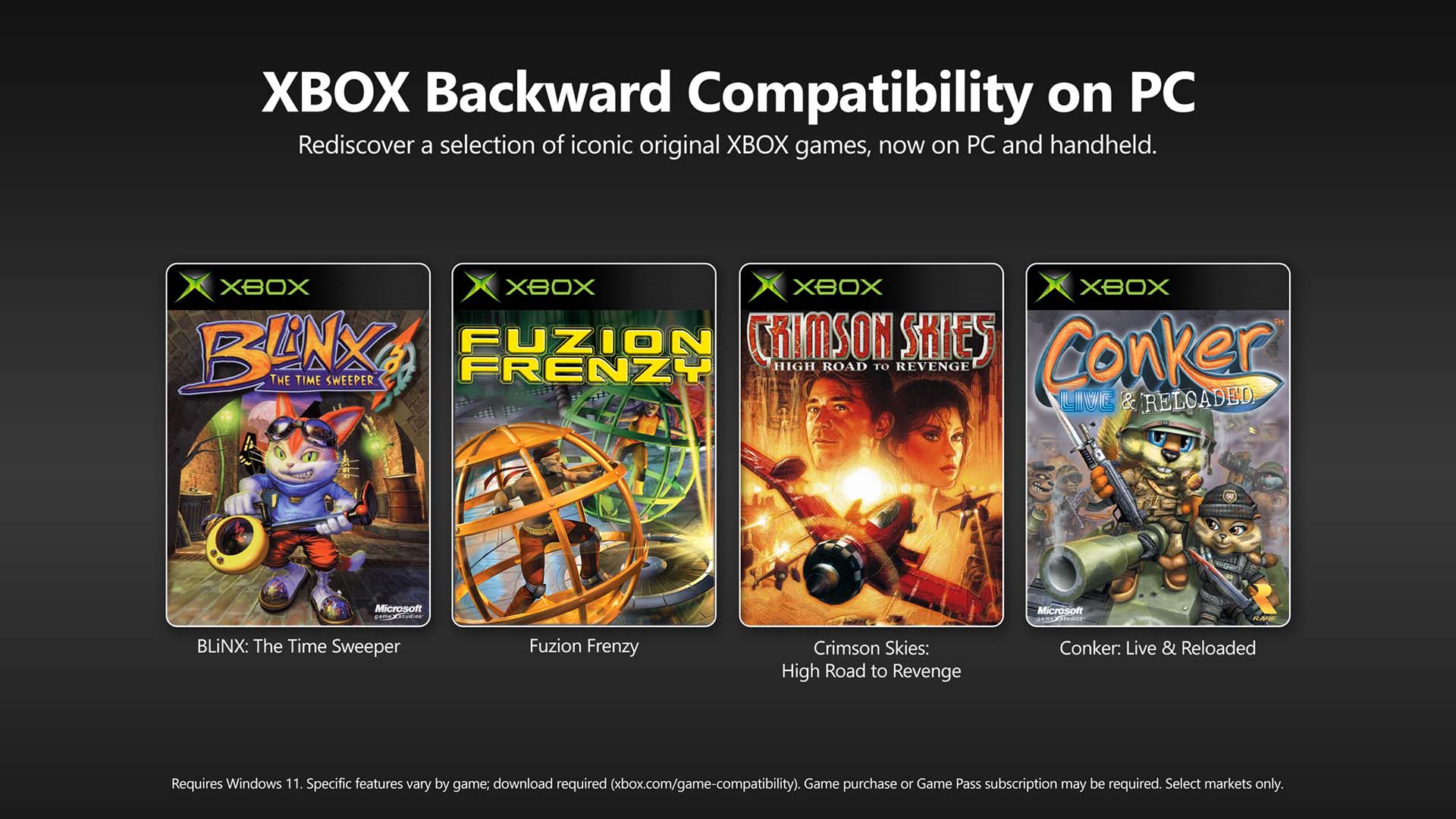 An infographic, detailing the four games kickstarting the Xbox Backward Compatible program on PC.
