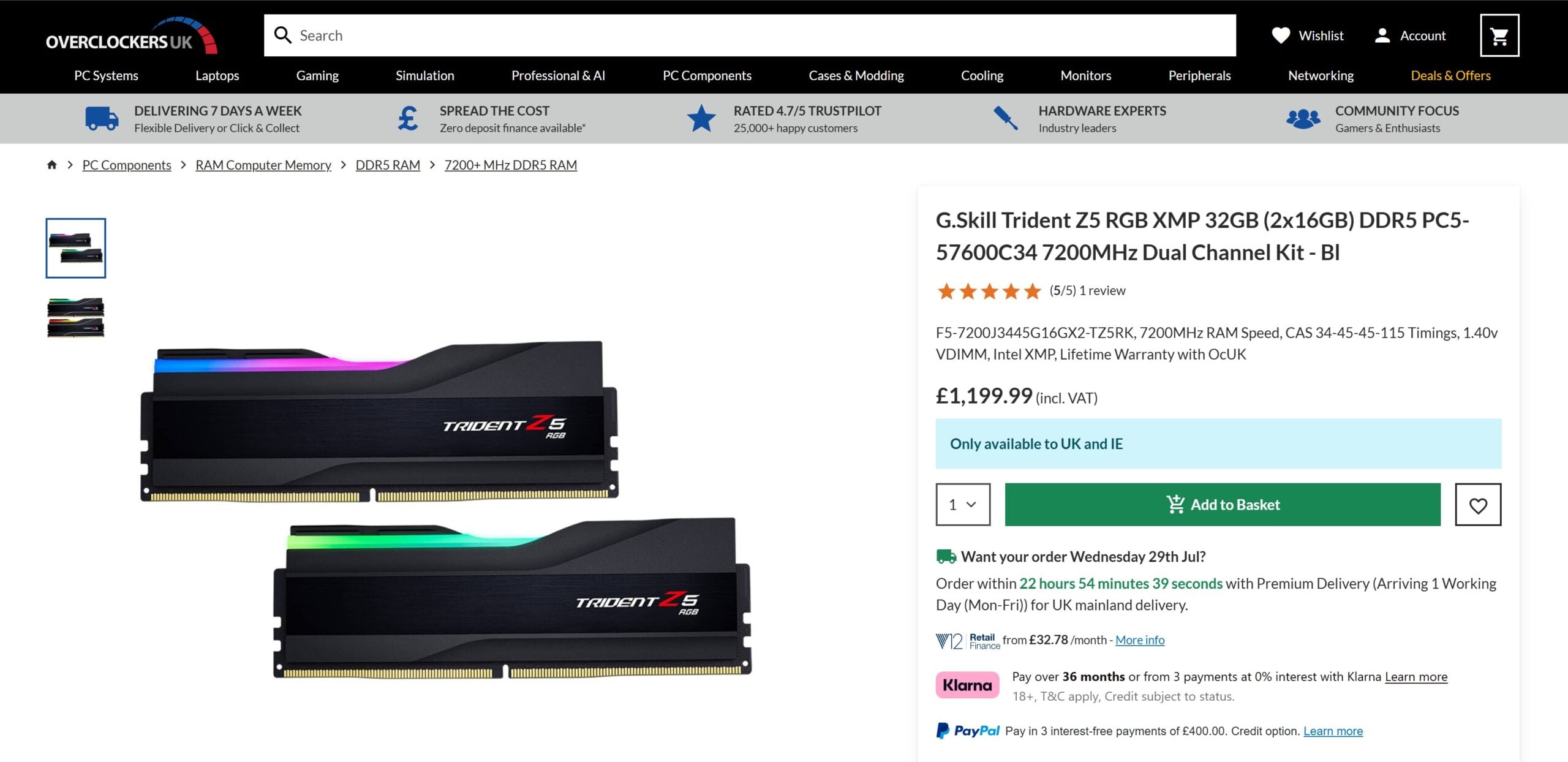 A G.Skill 7,200MT/s Trident Z5 memory kti priced at £1,199.99