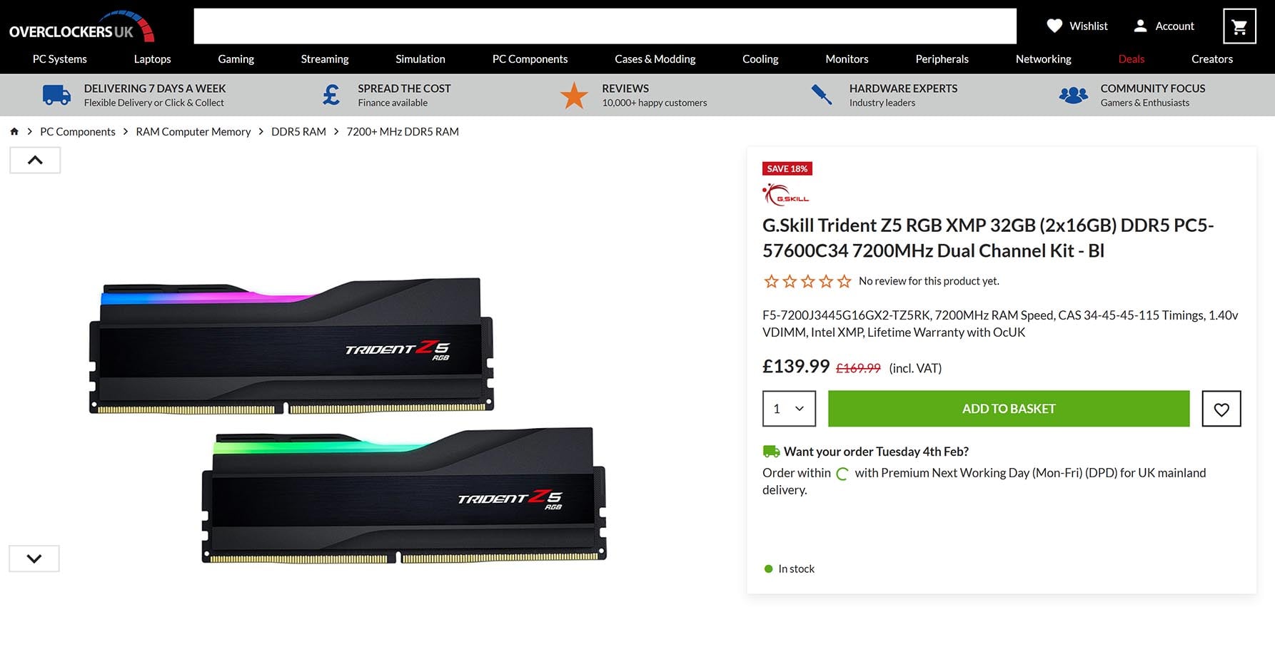A G.Skill 7,200MT/s Trident Z5 memory kti priced at £139.99