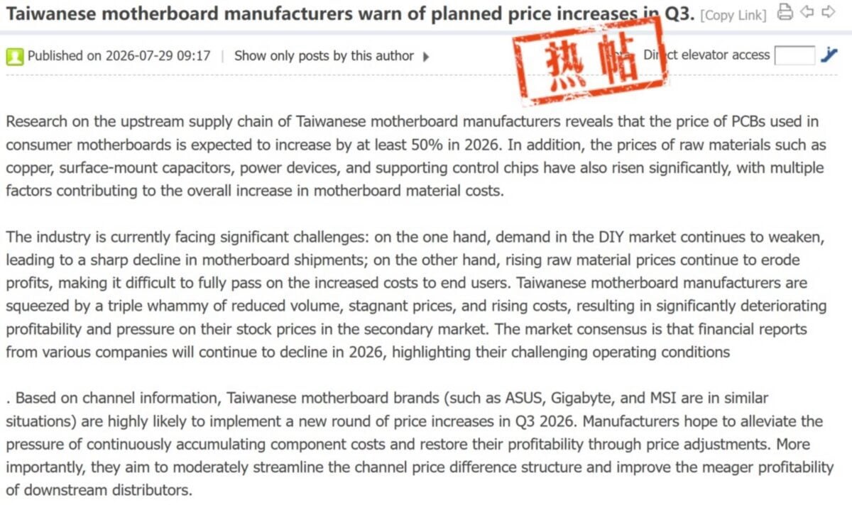 Board Channels' motherboard report.