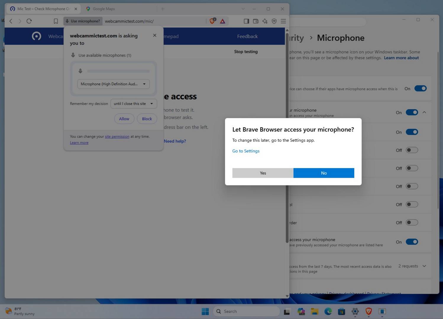 Windows 11 asking for microphone access.