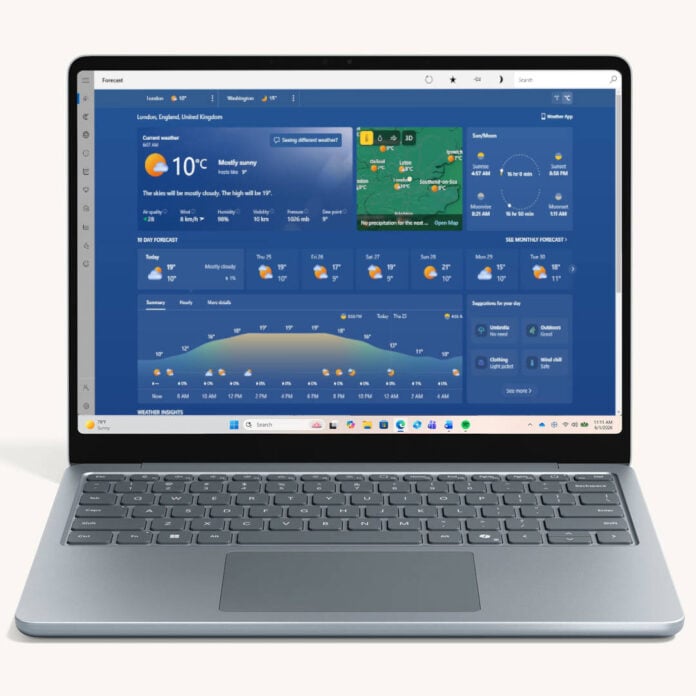 Windows 11 laptop with the weather app.