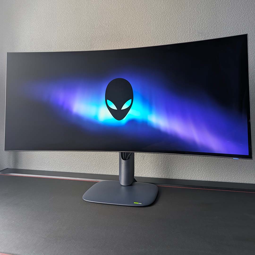 The AW3926QW displaying the Alienware logo.