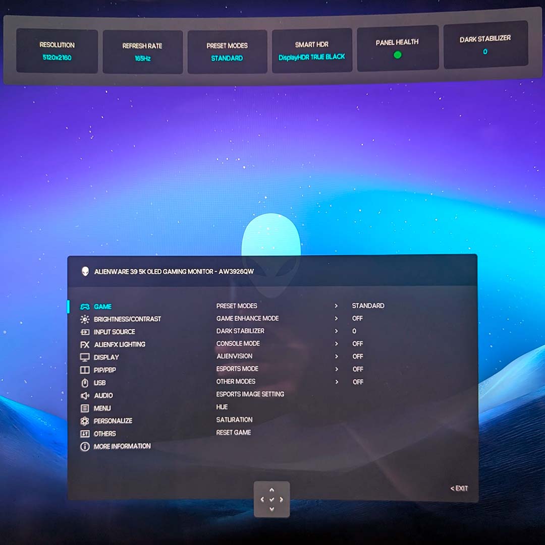The on-screen display controls for the AW3926QW.
