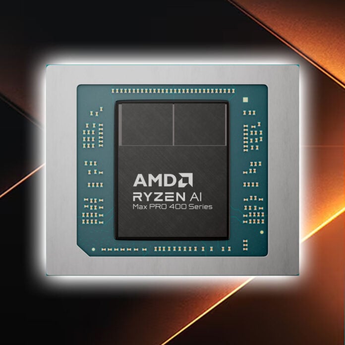 An AMD Ryzen AI Max Pro processor, against a black-orange chevron.