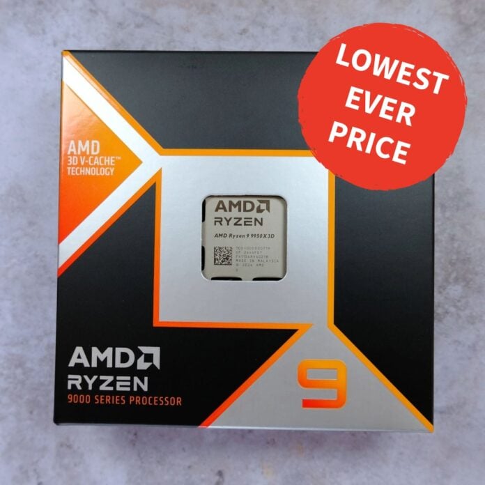 An AMD Ryzen 9 9950X3D in its retail packaging, with a 'lowest ever price' red sticker attached to it.