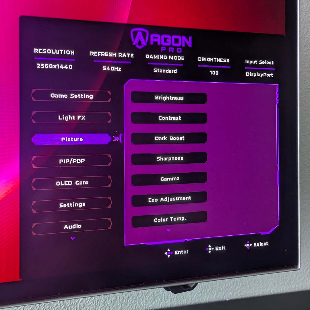 The AOC Agon Pro AGP277QKDC's OSD.