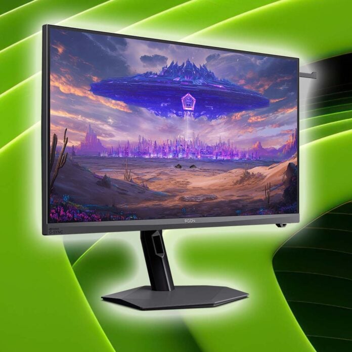 An AOC Agon Pro AGP327KG monitor, surrounded by a white glow, atop an Nvidia logo.