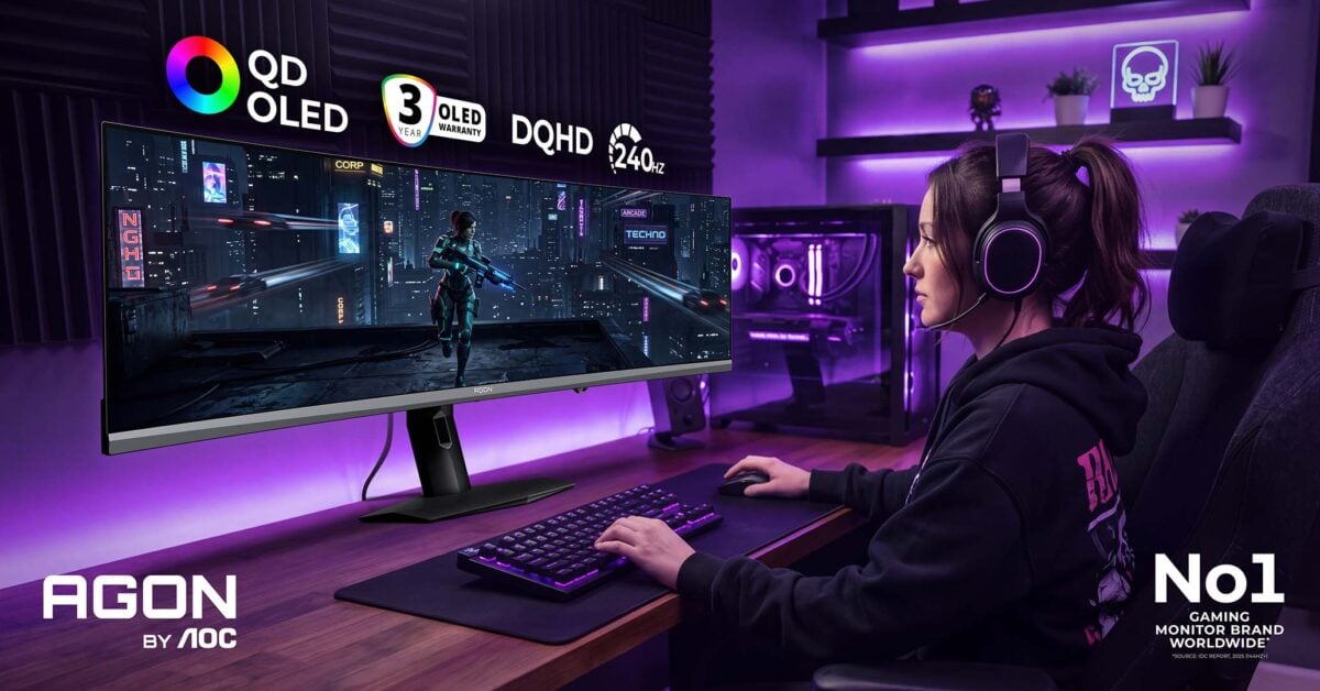 A person playing games on an AOC Agon Pro AGP497UCZD monitor.