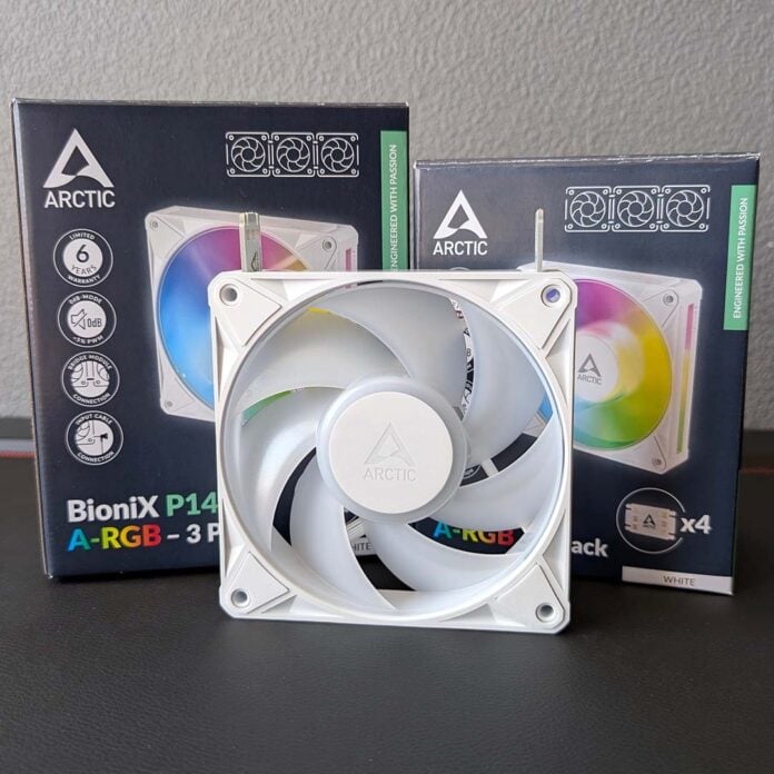 An Arctic Bionix P12 fan stands upright in front of its retail packaging (right), as well as the box for a Bionix P14 (left).