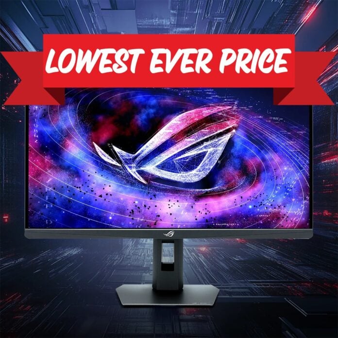 An Aus ROG Strix Pulsar XG27AQNGV monitor, with a 'lowest ever price' banner floating above it.