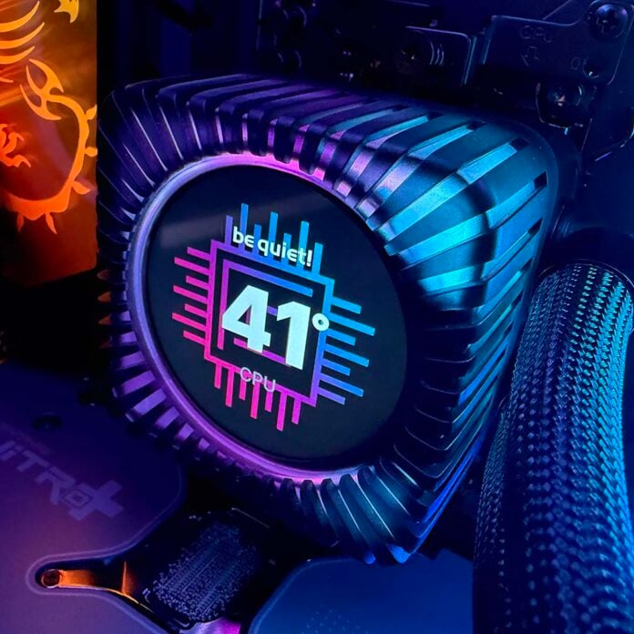 be quiet! Light Loop IO LCD pump block showing Club386 logo