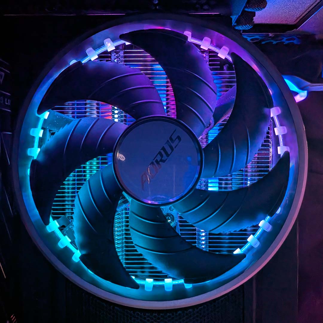 An illuminated fan on a Gigabyte Aorus GeForce RTX 5070 Infinity.