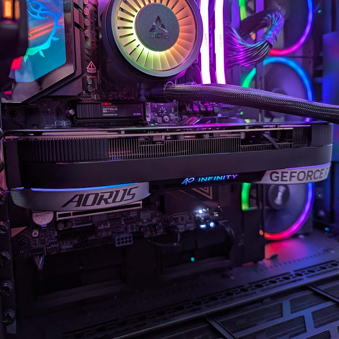 A Gigabyte Aorus GeForce RTX 5070 Infinity inside a complete PC build.