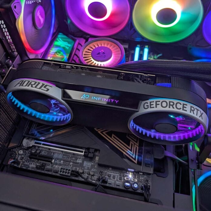 A Gigabyte Aorus GeForce RTX 5070 Infinity inside a complete PC build.