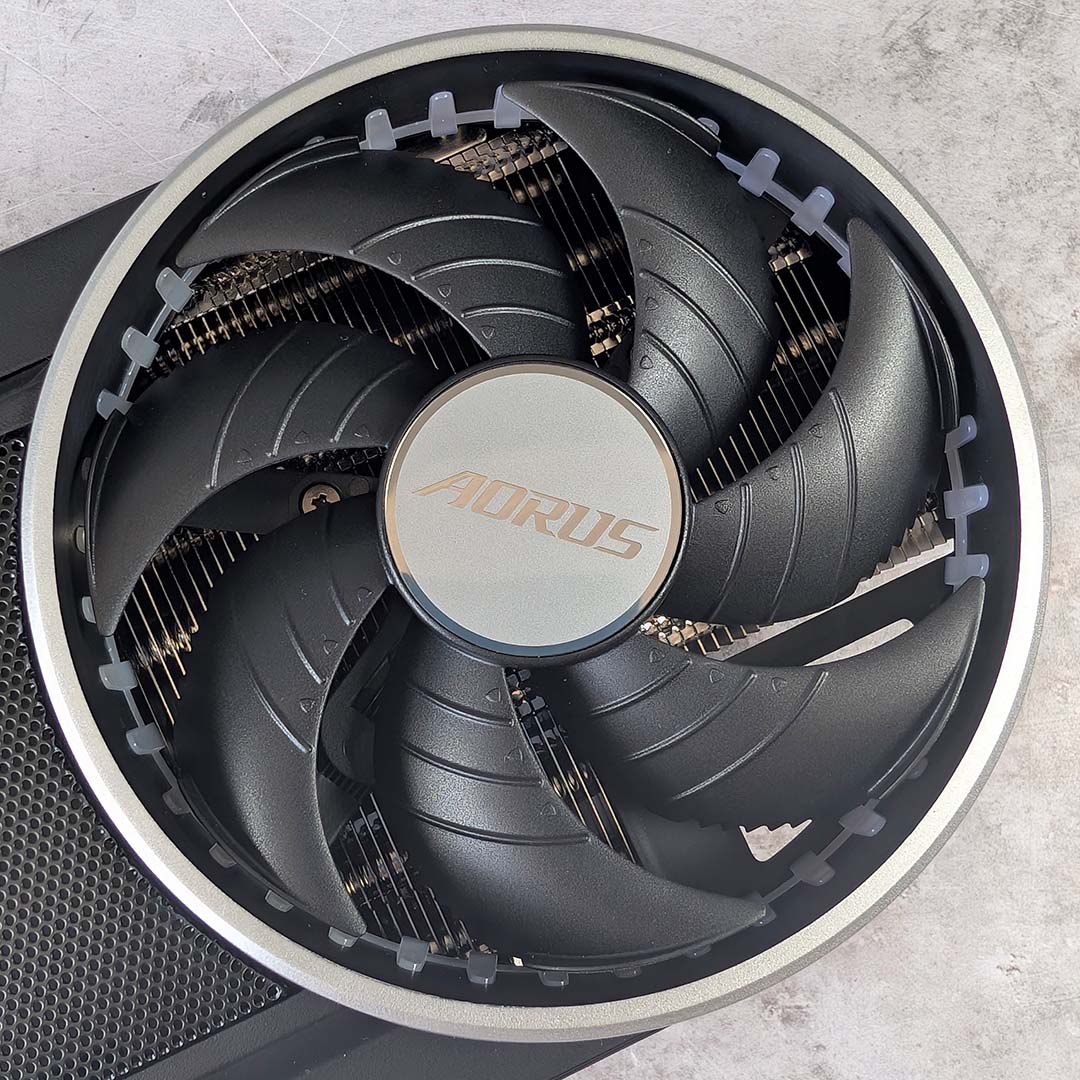 A close-up of a fan on the Gigabyte Aorus GeForce RTX 5070 Infinity.