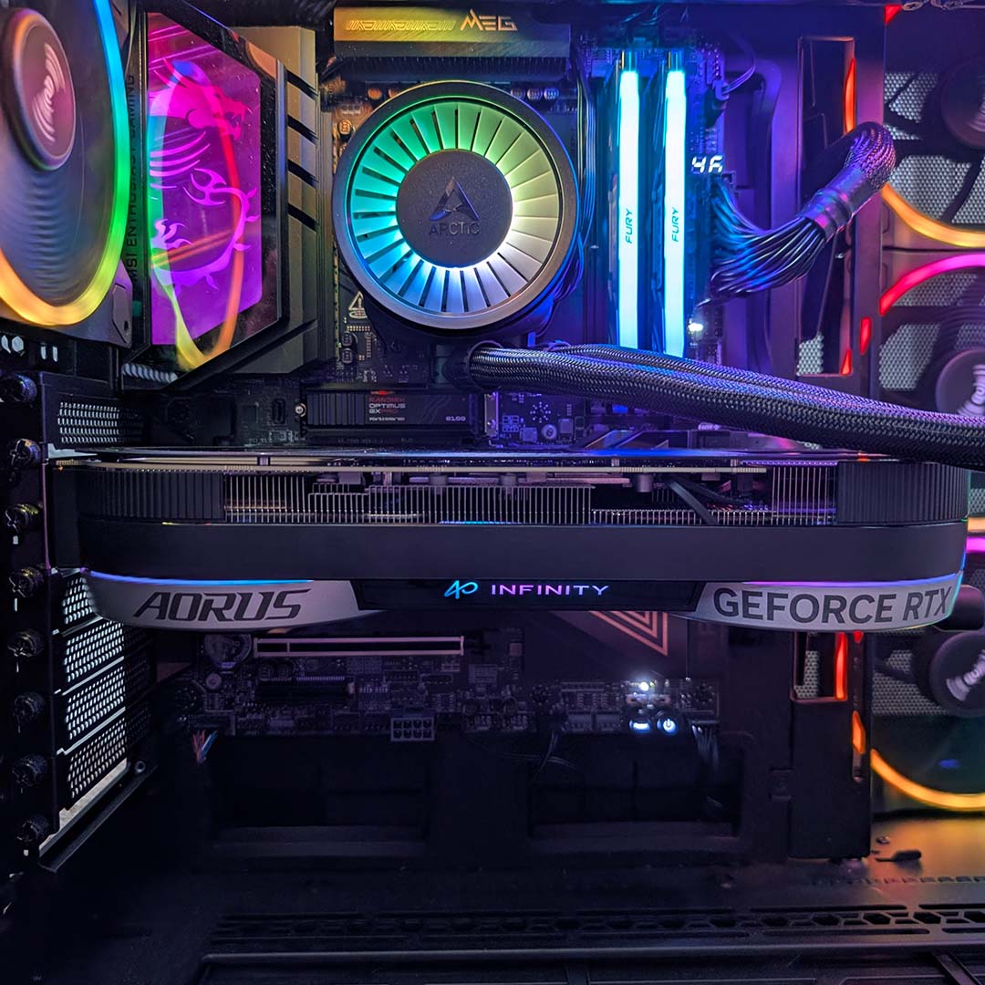 A Gigabyte Aorus GeForce RTX 5070 Infinity inside a complete PC build.