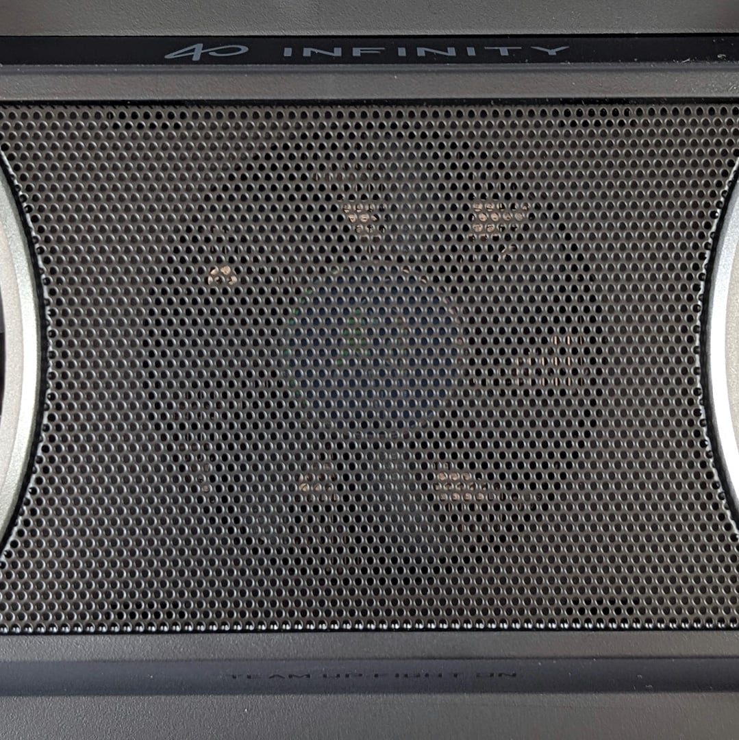 A close-up of the Gigabyte Aorus GeForce RTX 5070 Infinity's centre, where the middle fan is barely visible through the grating.