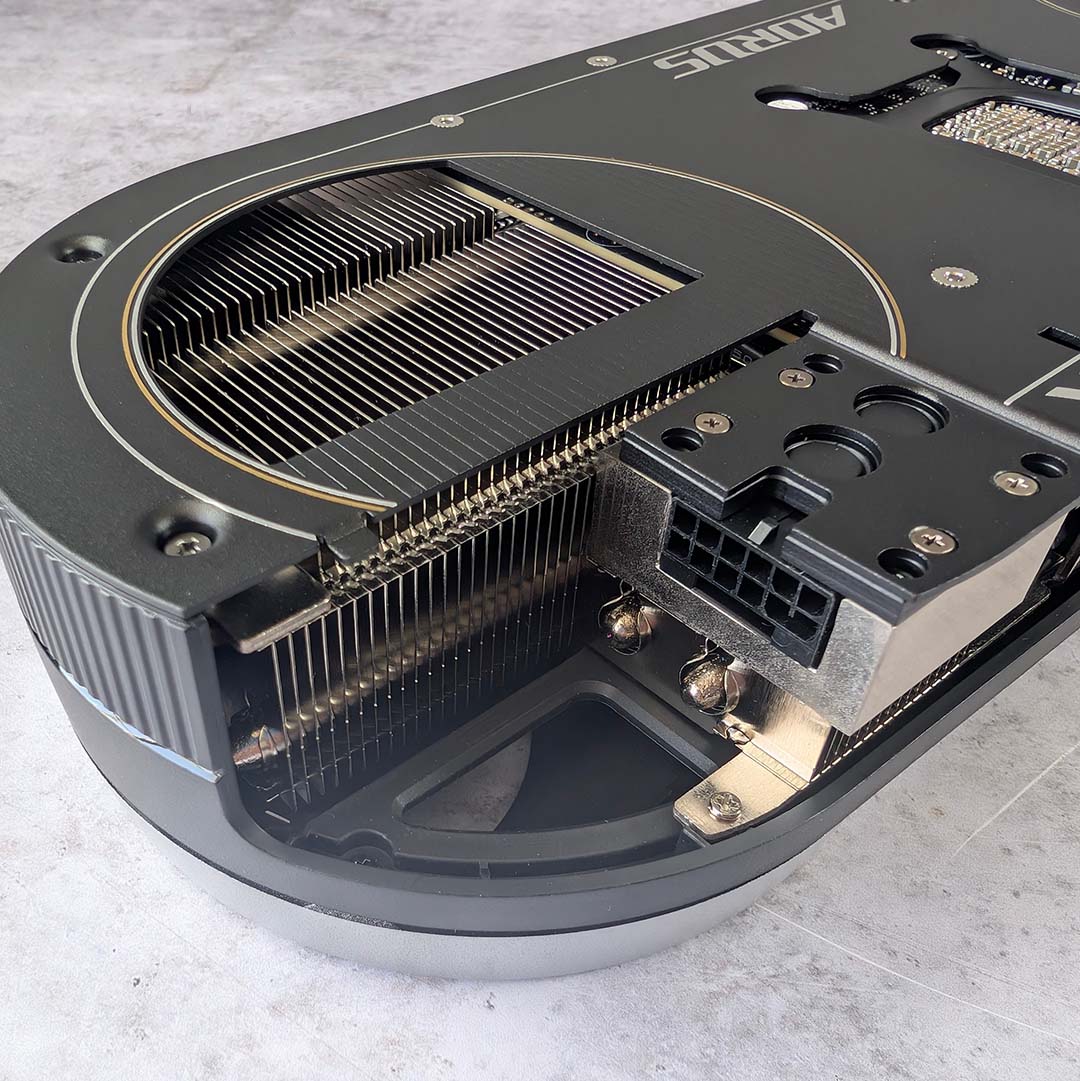 A close-up of the Gigabyte Aorus GeForce RTX 5070 Infinity's power connector.