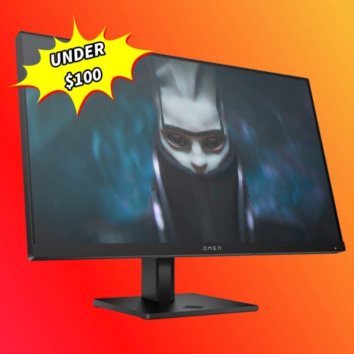 An HP Omen 24 monitor against a red-orange background, with an 'Under $100' stick on top of it.