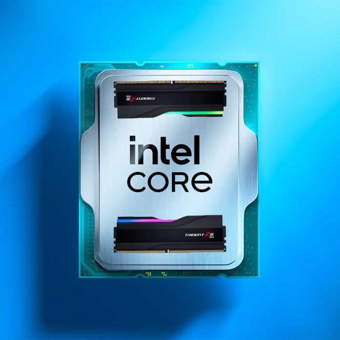 An Intel Core processor with two memory modules on top of it.