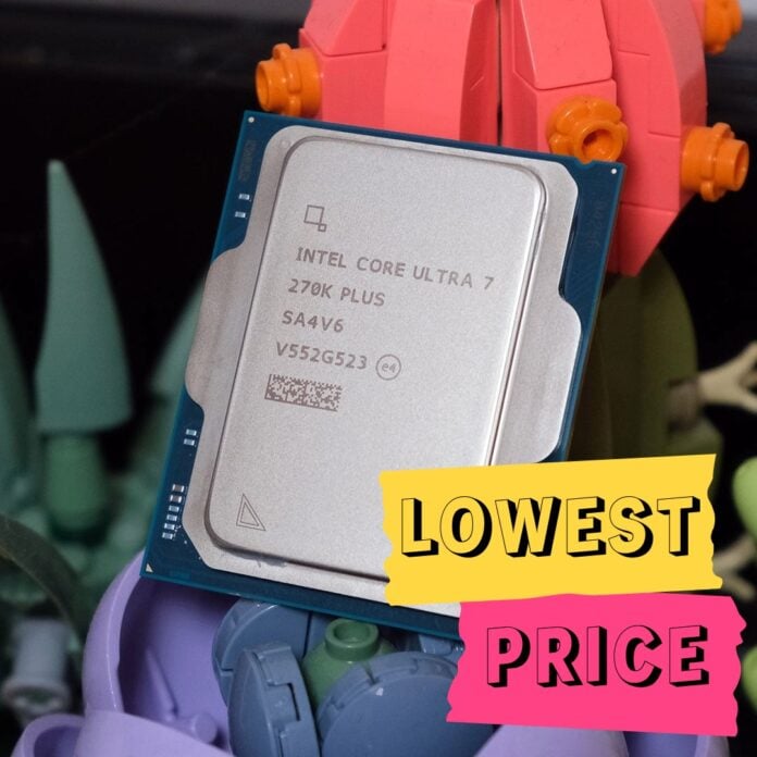 An Intel Core Ultra 7 270K Plus processor, resting against some Lego, with a 'Lowest Price' banner on top of it.