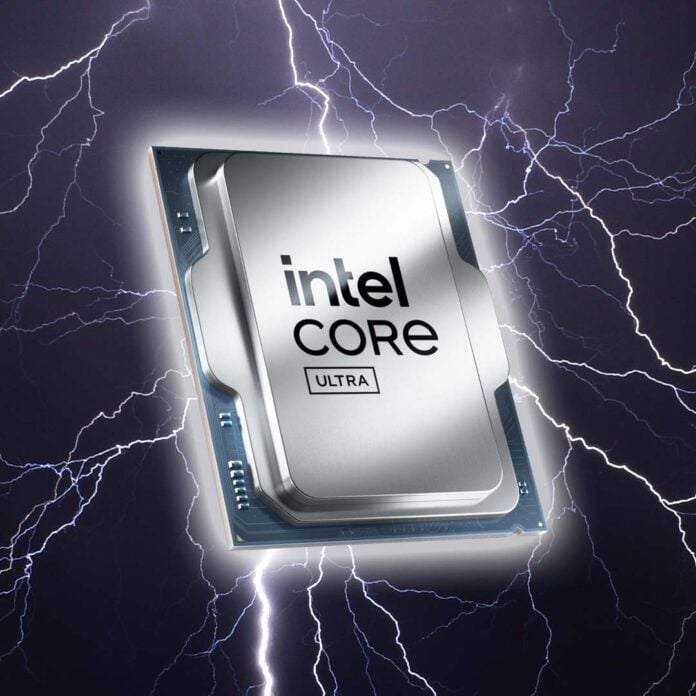 An Intel Core Ultra processor, surrounded by glowing light and lightning.