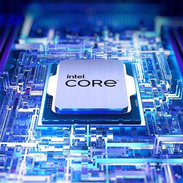 An artistic render of an Intel Core processor, lying on a blue PCB.