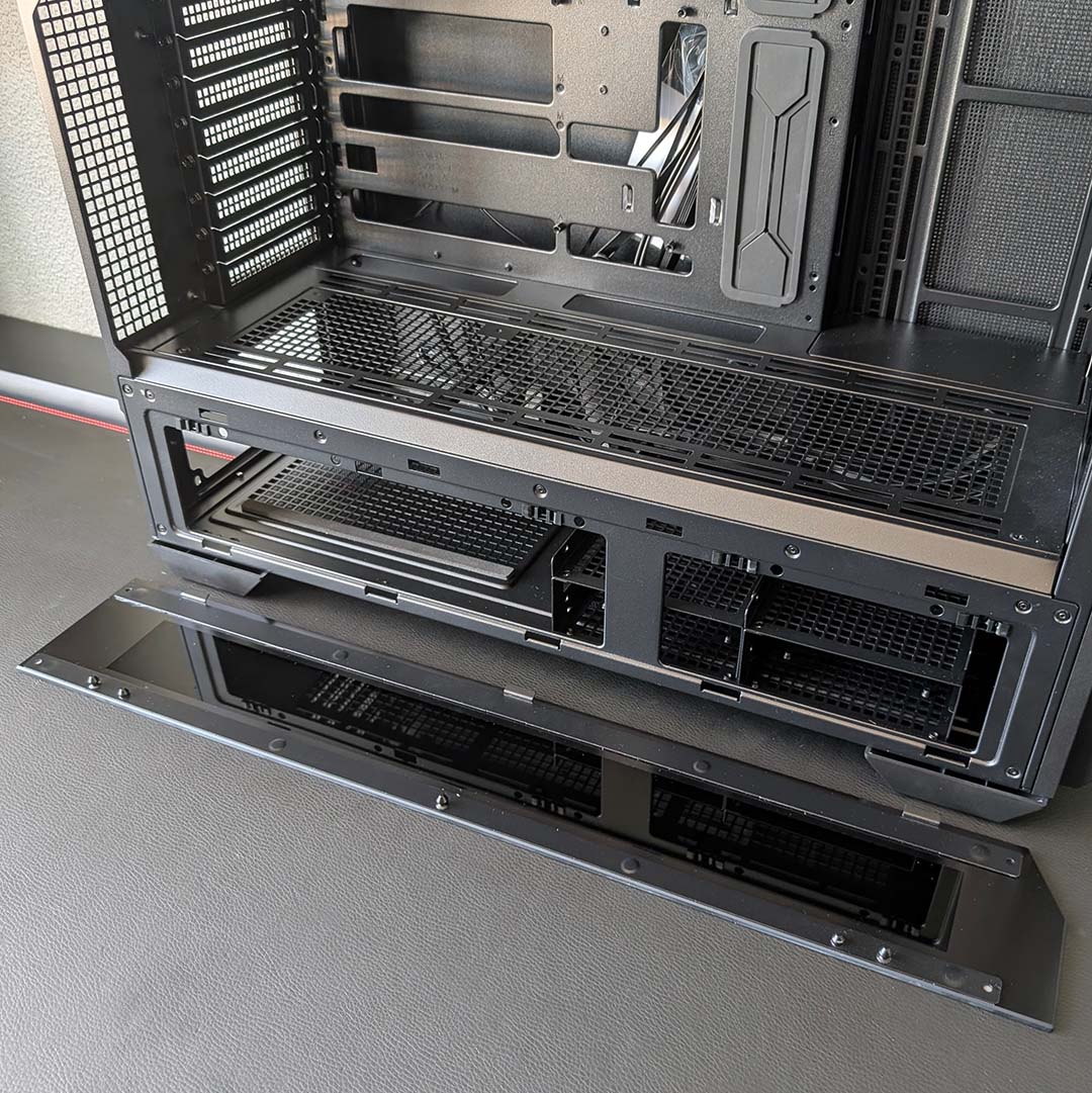 A top-down view of the InWin Covalent's lower chamber, panel removed.