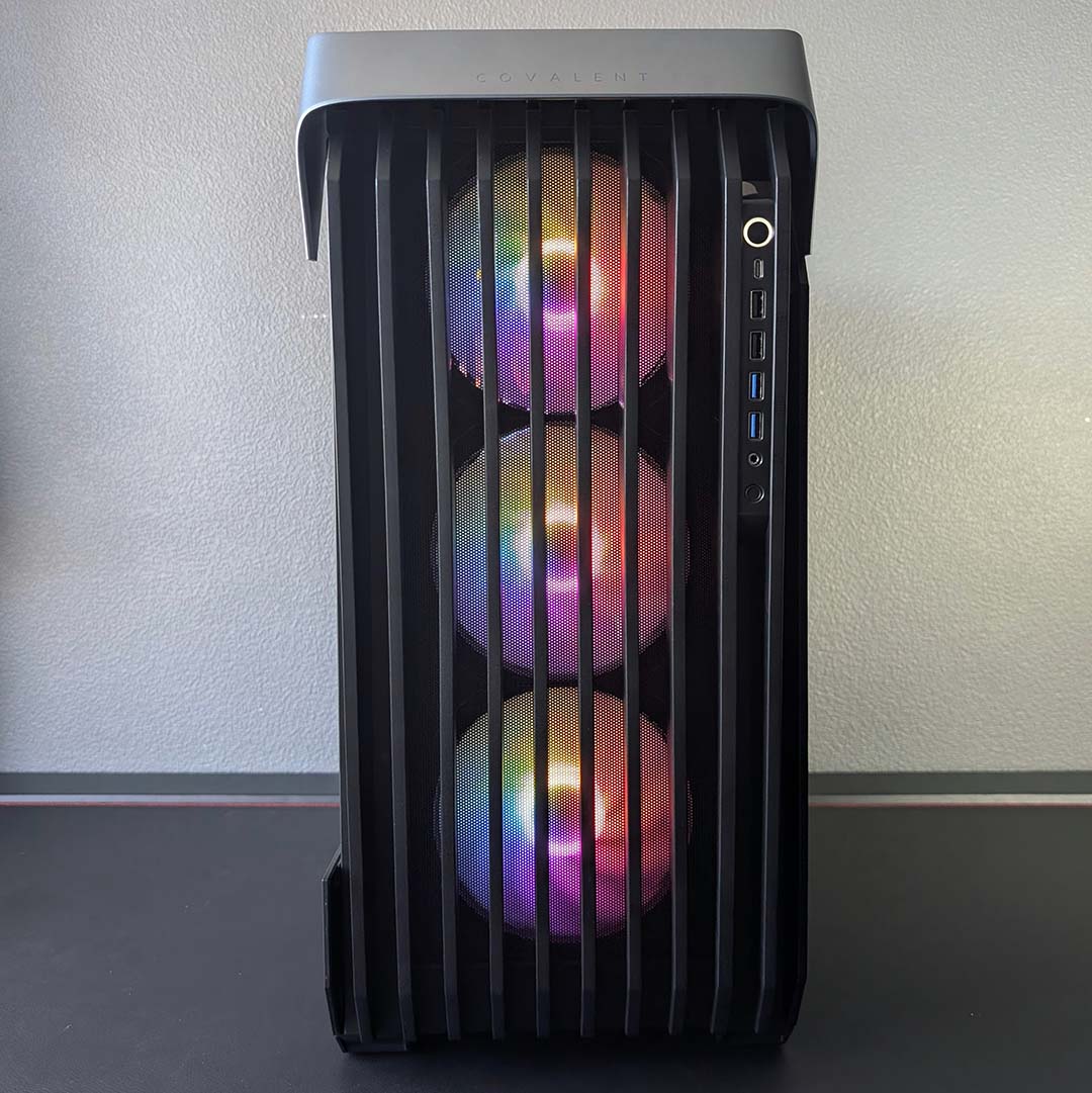 A front view of the InWin Covalent, RGB LEDs active.
