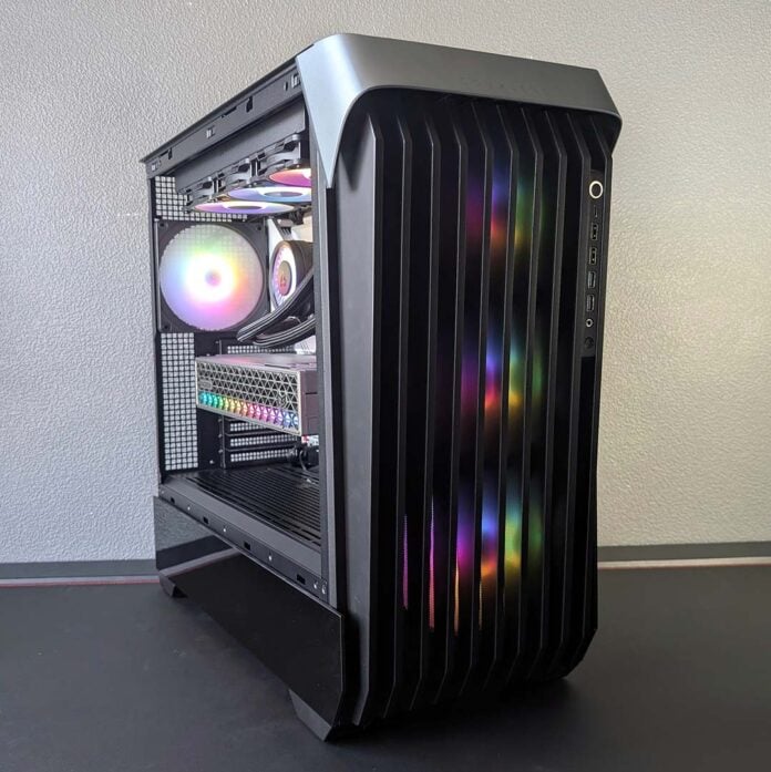 A front-side view of the InWin Covalent, RGB LEDs active.