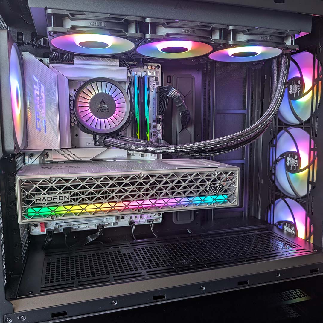 A close-up side view of the InWin Covalent, RGB LEDs active.