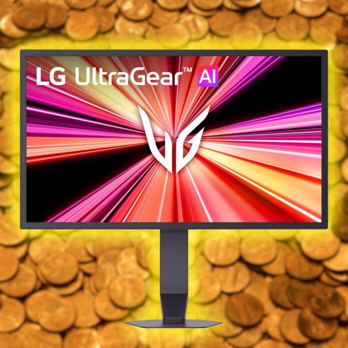 An LG UltraGear 25G590B monitor, surrounded by a yellow glow, atop a pile of money.