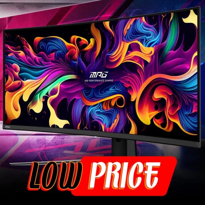 An MSI MPG 341CQPX QD-OLED gaming monitor, with a 'low price' banner running below it.