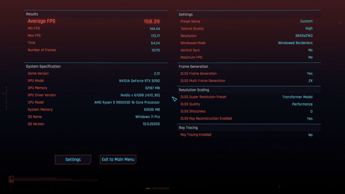A results screen for Cyberpunk 2077's internal benchmark, of the game running with DLSS 3.5 Ray Reconstruction.