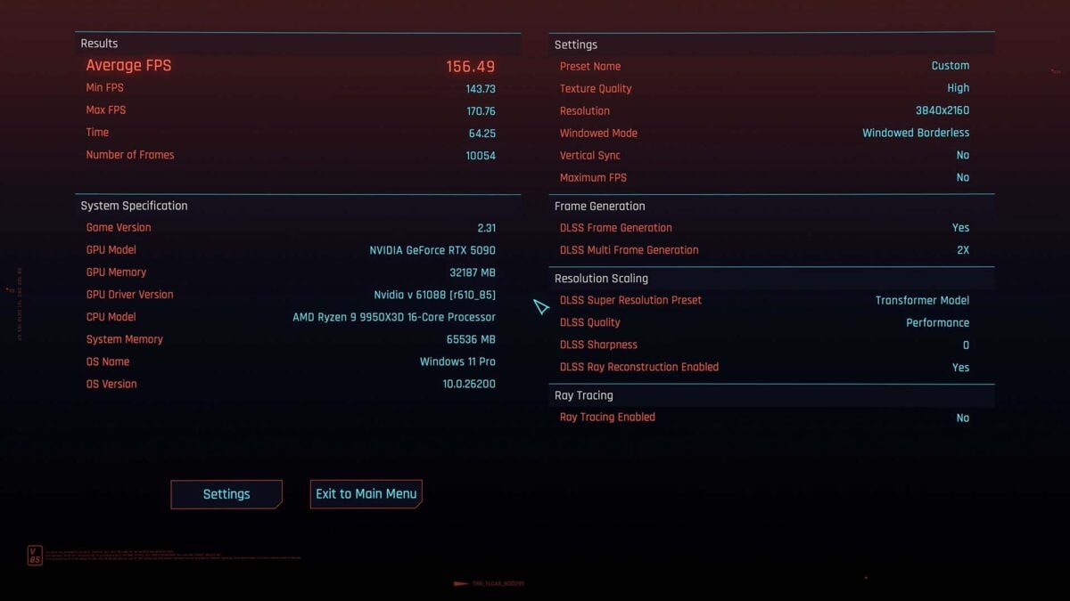 A results screen for Cyberpunk 2077's internal benchmark, of the game running with DLSS 4.5 Ray Reconstruction.