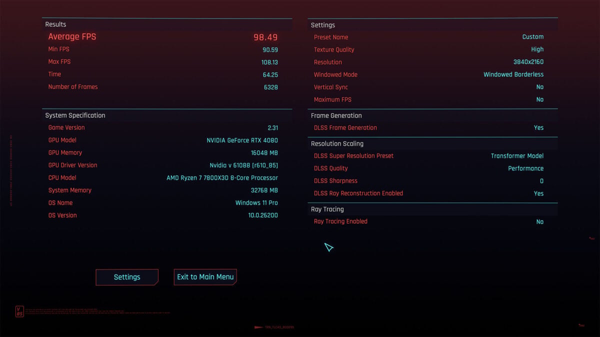 A results screen for Cyberpunk 2077's internal benchmark, of the game running with DLSS 3.5 Ray Reconstruction.