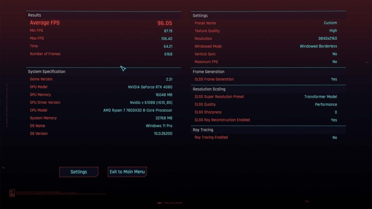 A results screen for Cyberpunk 2077's internal benchmark, of the game running with DLSS 4.5 Ray Reconstruction.