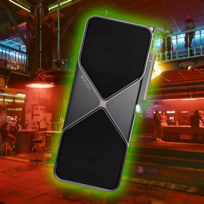 An Nvidia GeForce RTX 5090 Founders Edition, surrounded by a green glow, on top of a screenshot from Cyberpunk 2077.