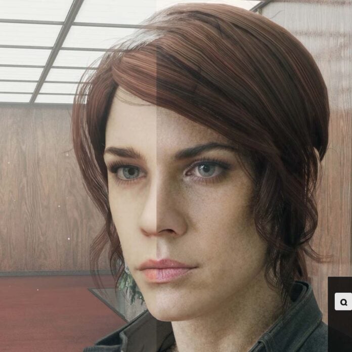 A close-up of Control's main protagonist, split in two, with her left side rendered using DLSS 4.5 and the the right with DLSS 5.