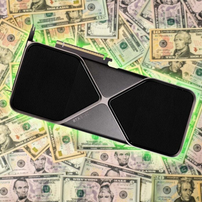 An Nvidia GeForce RTX 5090 Founders Edition, surrounded by a green glow, atop a pile of money.