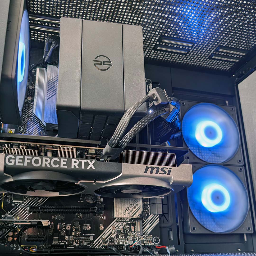 A bottom-up view of the PCSpecialist Apex Ultra's internal hardware.