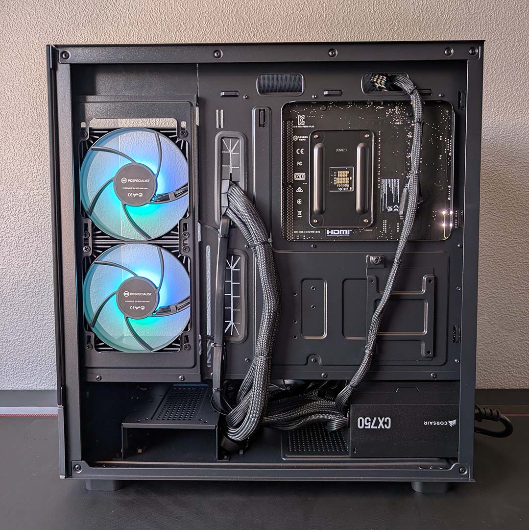 A view of the PCSpecialist's rear chamber, side panel removed.