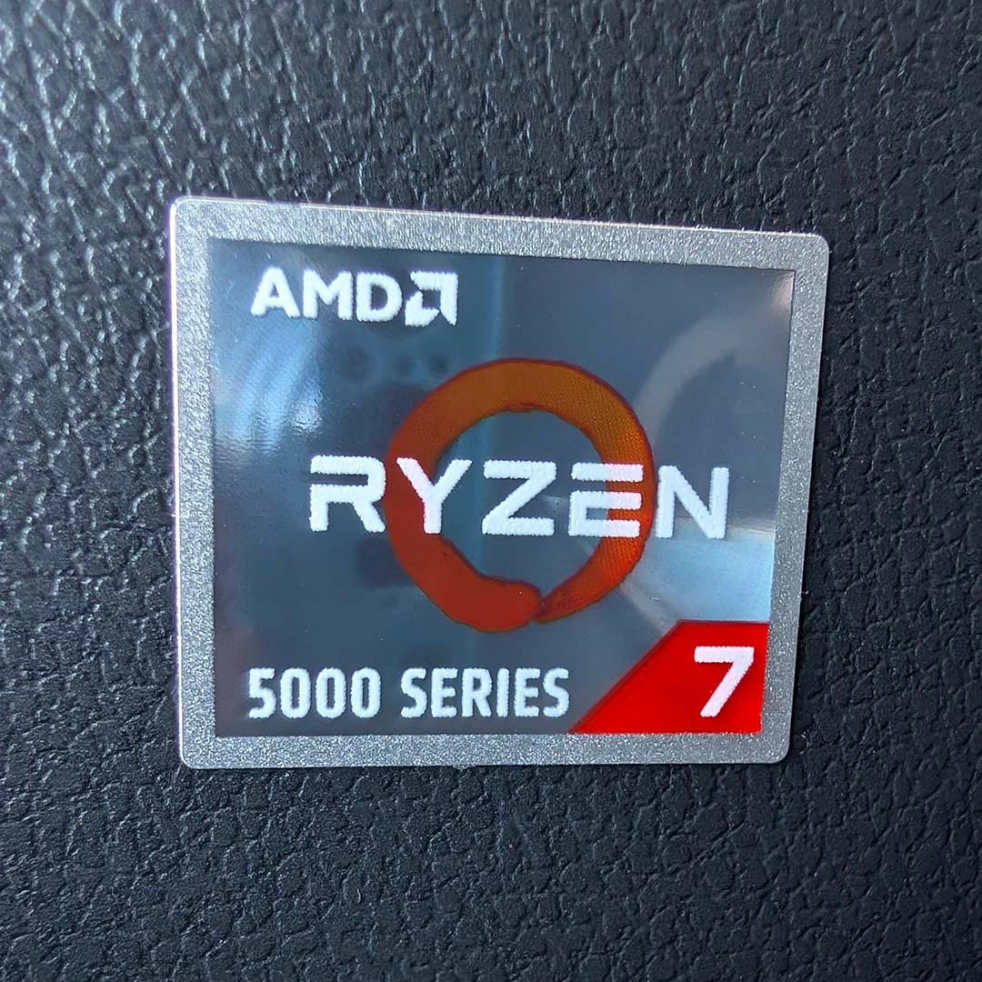A close-up of the Ryzen 7 5000 Series sticker on the PCSpecialist Apex Ultra.
