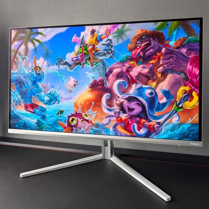 The Evnia 32M2N8900P displaying art from League of Legends.