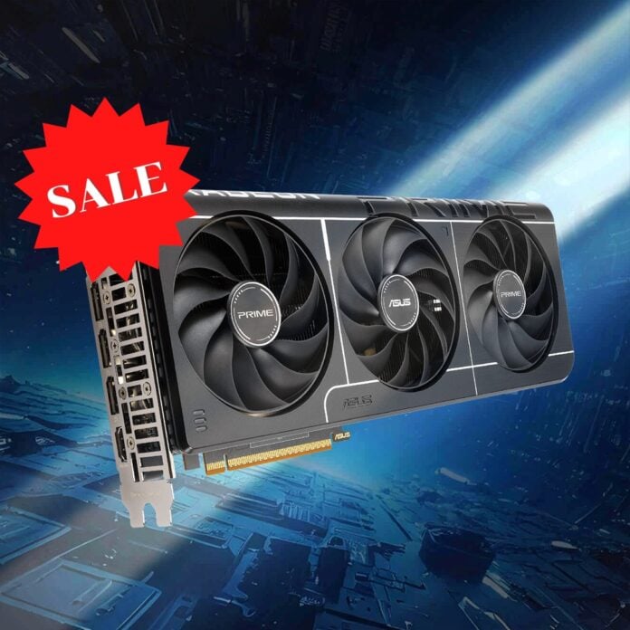 An Asus Prime Radeon RX 9070 graphics card, floating against a blue backdrop, with a red sale sticker on top of it.