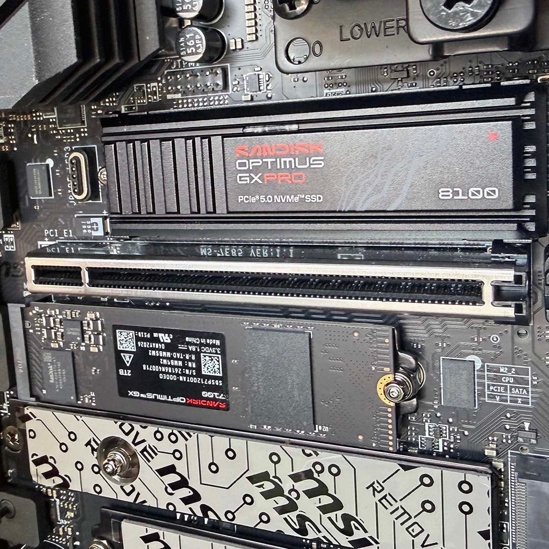 Sandisk Optimus GX Pro 8100 and GX 7100 installed in an MSI MEG X870E Ace motherboard