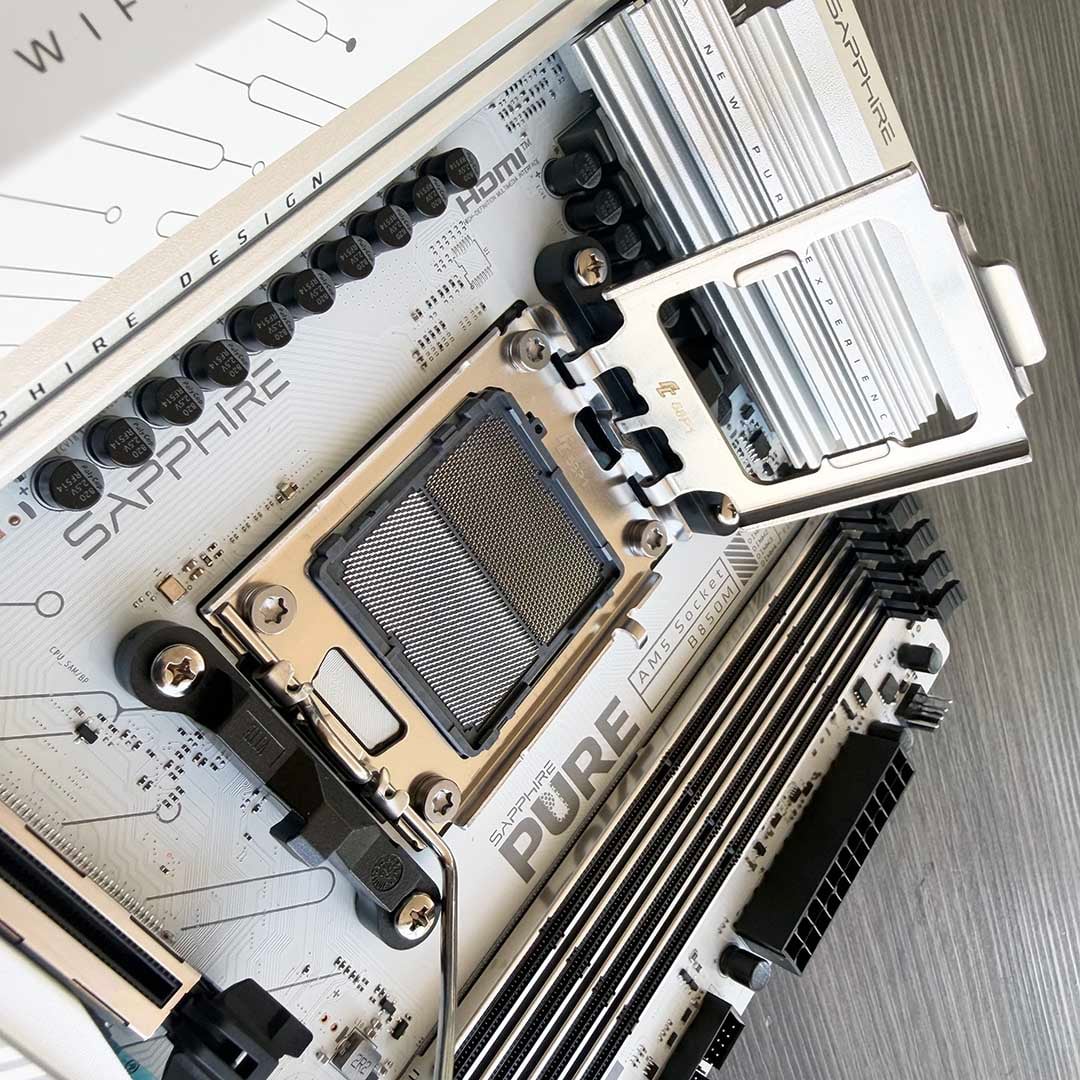Sapphire Pure B850M open AM5 motherboard socket