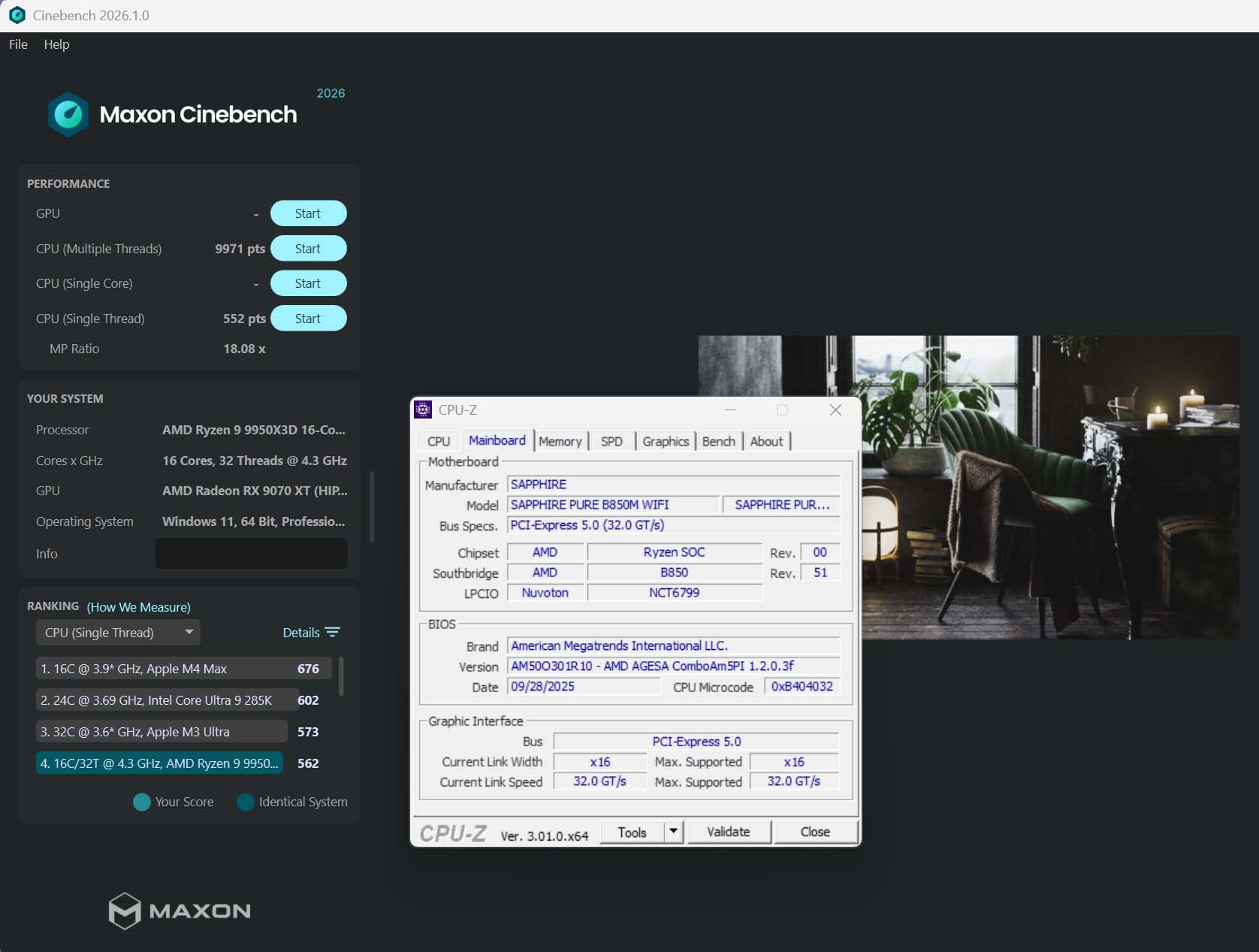 Sapphire Pure B850M running an AMD Ryzen 9 9950X3D in Cinebench 26