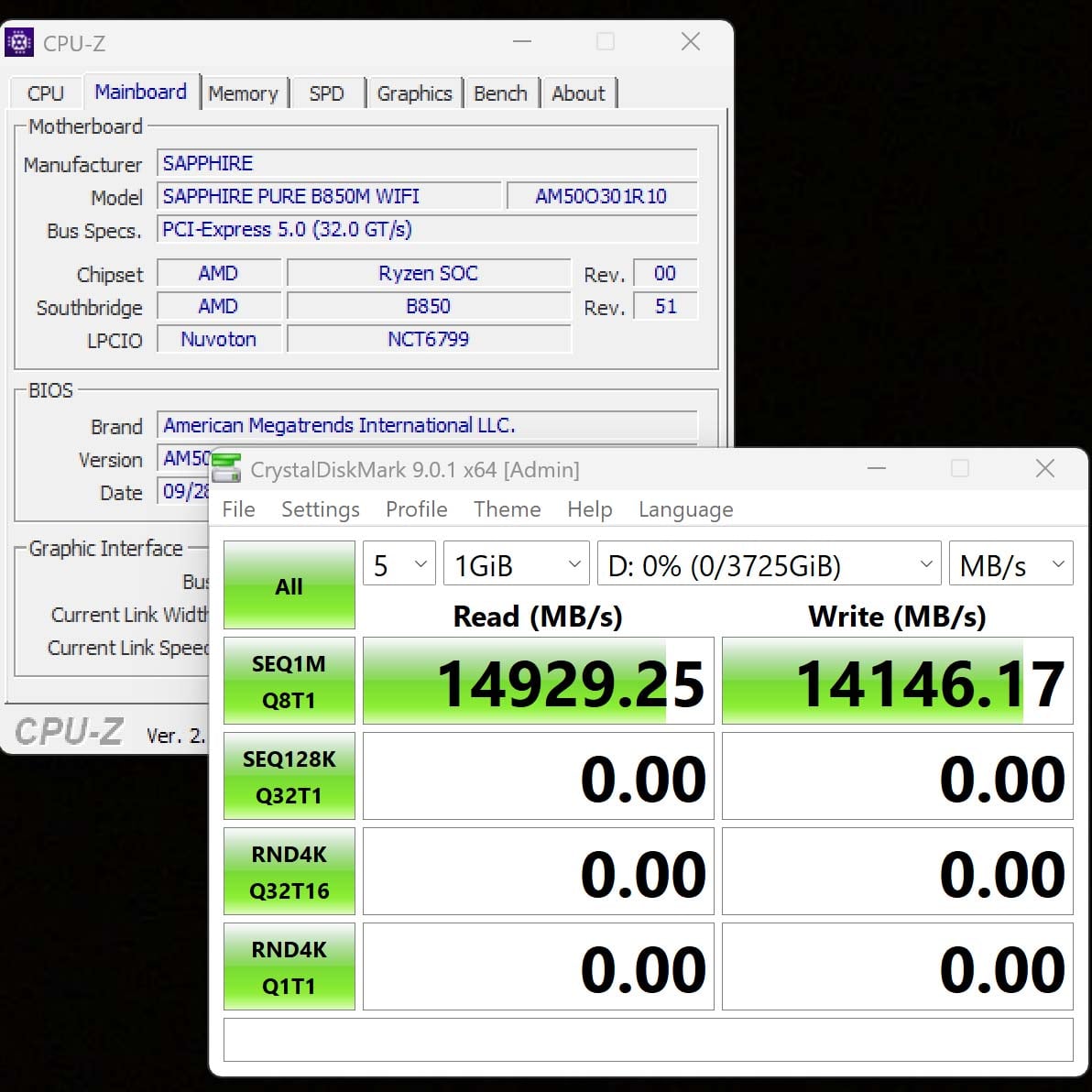 Sapphire Pure B850M CrystalDiskMark result using a Sandisk GX Pro 8100